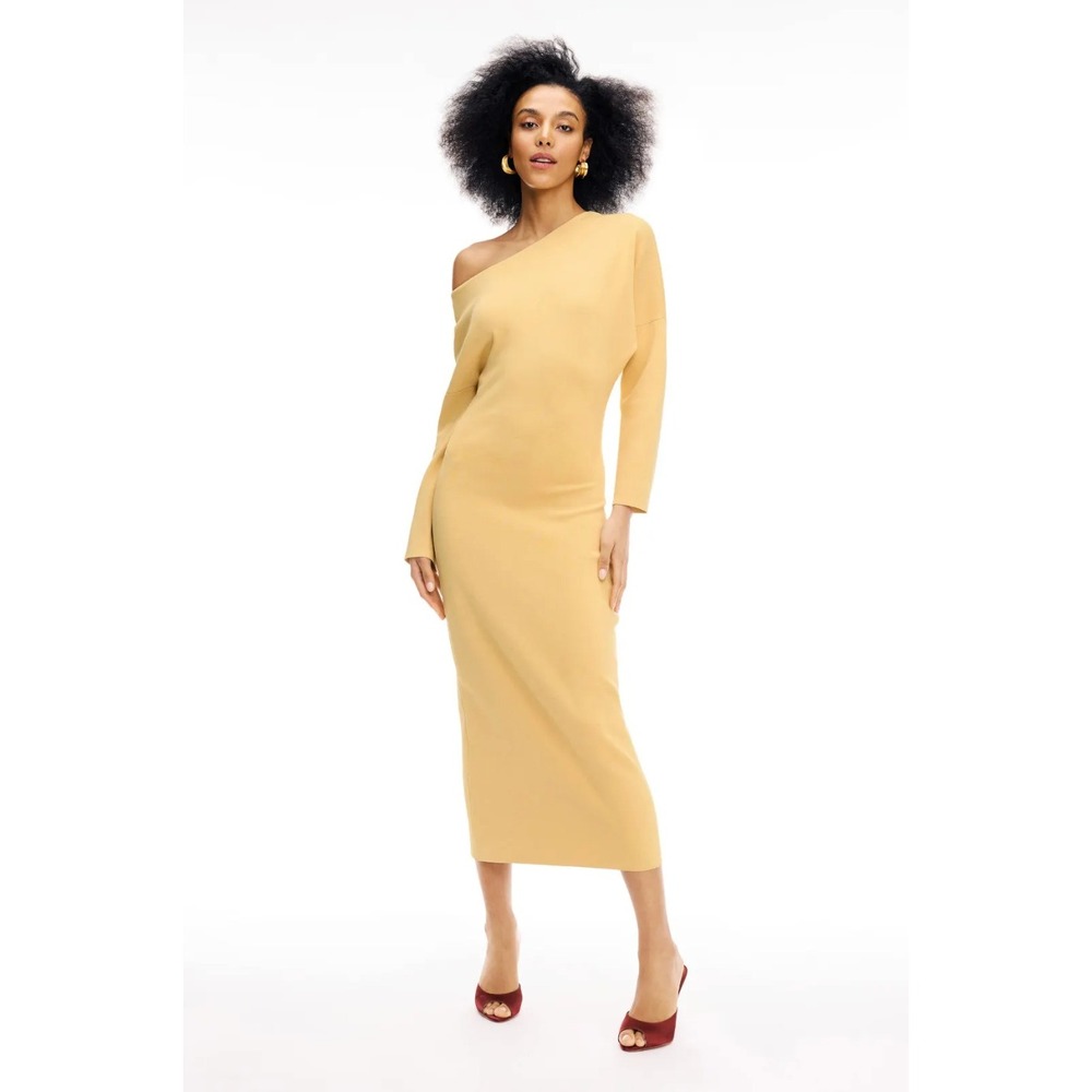 Altuzarra Etta Dress‎ Yellow One Shoulder Long Sleeve Knit Midi Sz XS